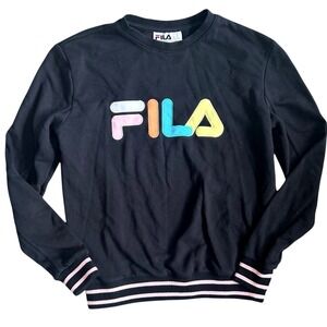 Fila Black Crewneck Sweatshirt Pastel Multi Color Embroidered Logo Striped Trim